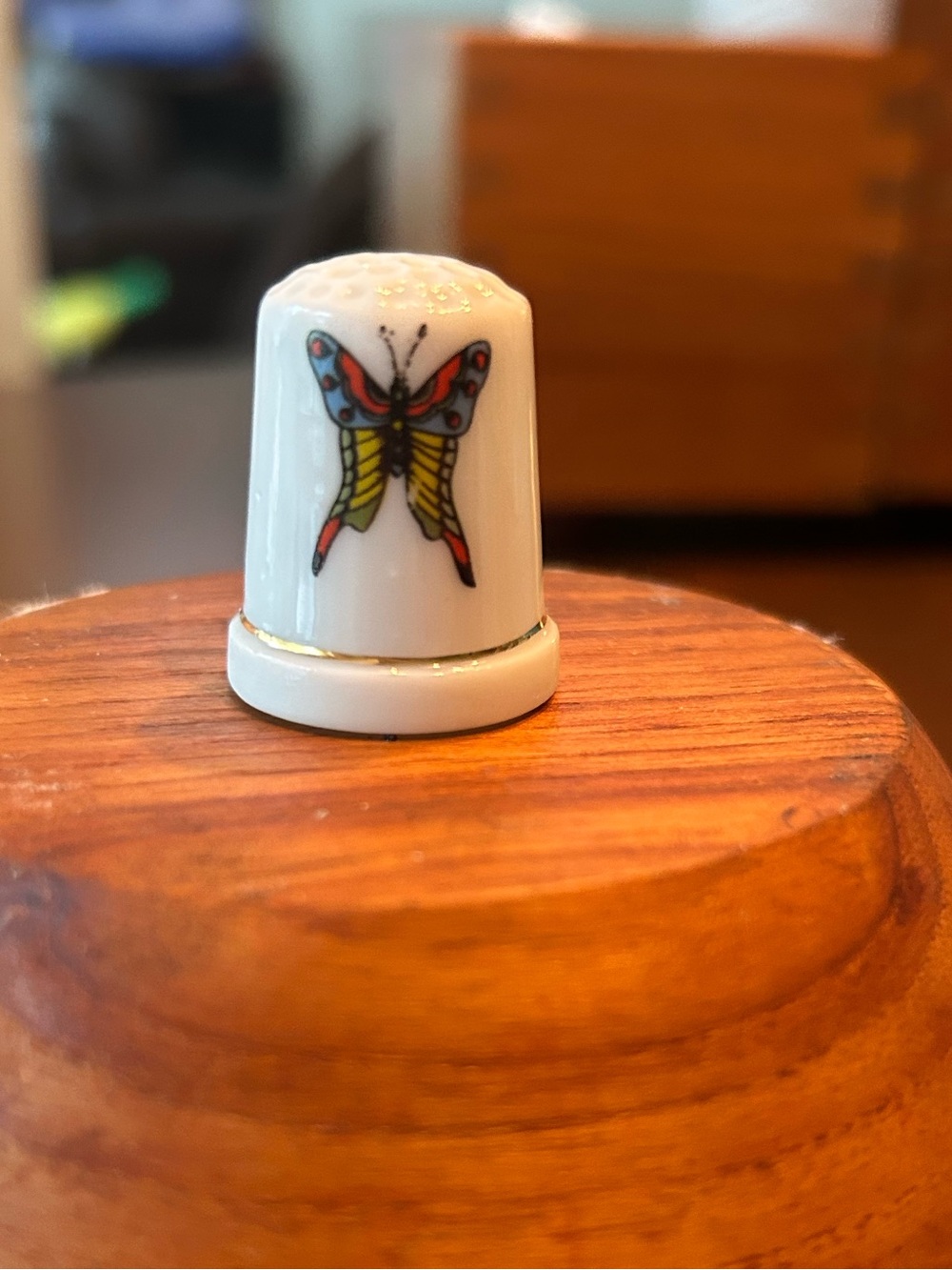 Porcelain Butterfly Thimble - White with Multicolor Design